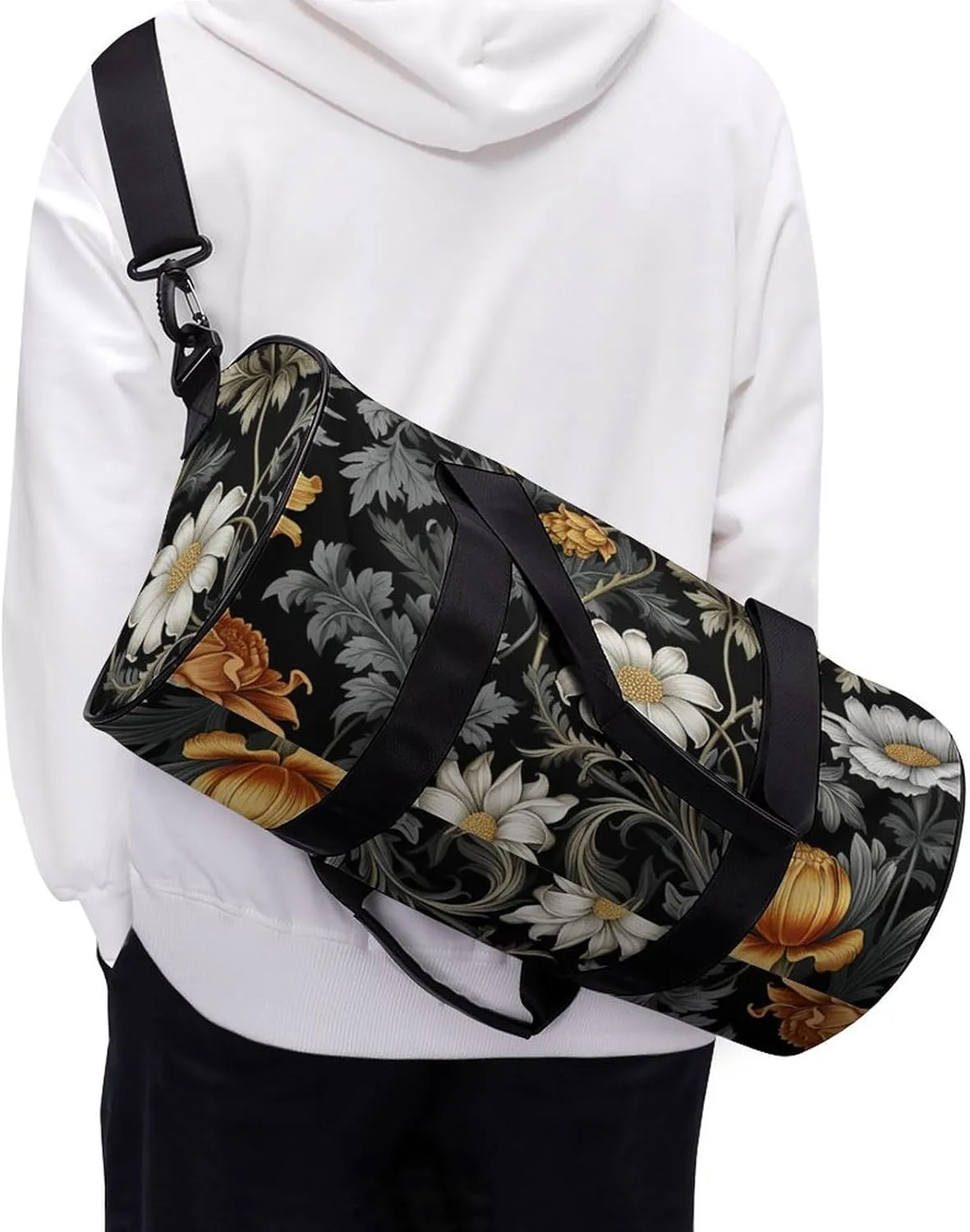 Duffel Bag for Men Women Gym Bag Black Floral Pattern Travel Duffel Bag Waterproof Overnight Bag for Sports Workout