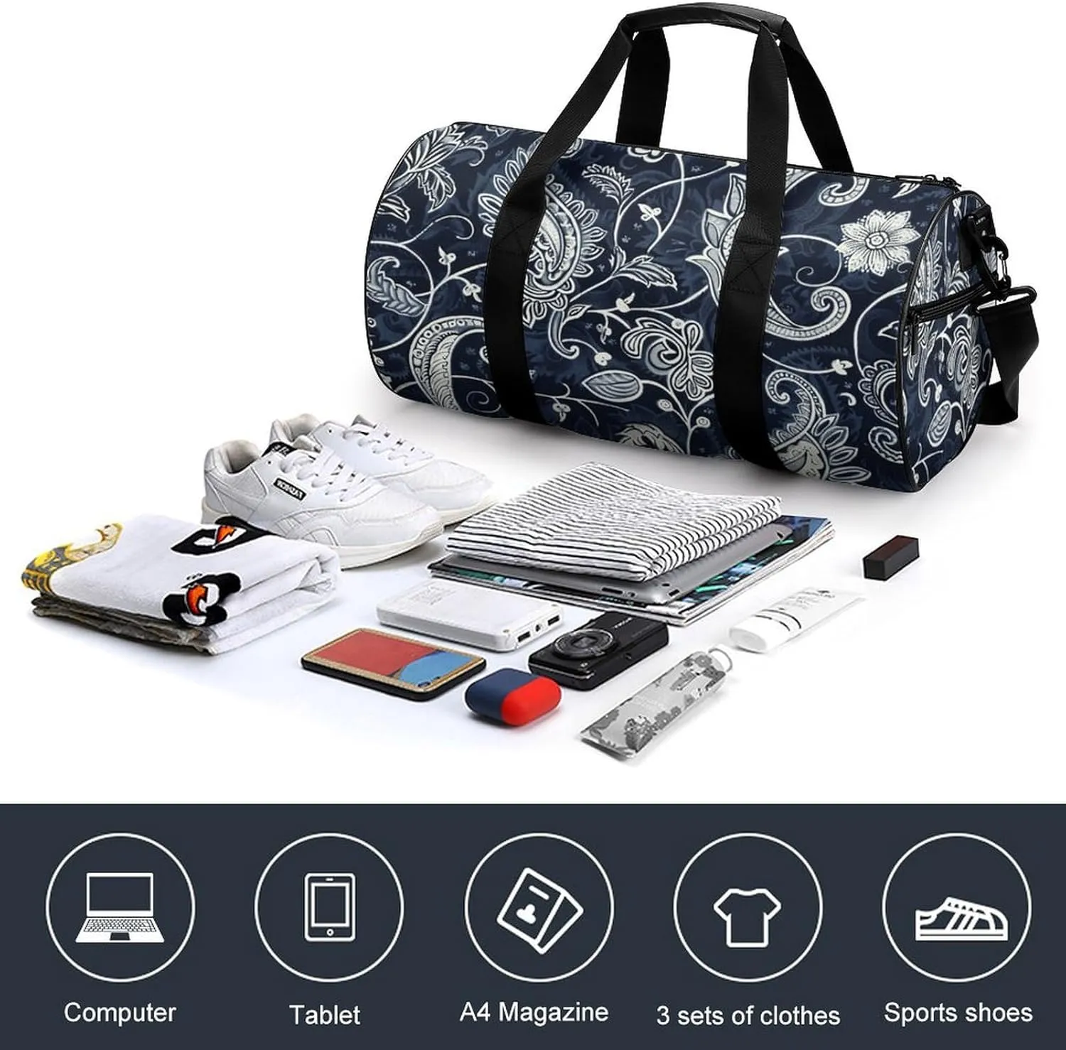 Duffel Bag for Men Women Gym Bag Floral Pattern Style Travel Duffel Bag Waterproof Overnight Bag for Sports Workout