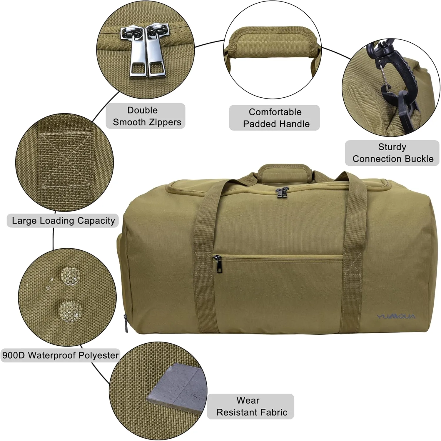 Duffle Bag for Men 65L, Travel Bag with Shoes Compartment, Large Capacity Duffel Bag, Water Resistant & Tear Resistant Women Weekender Bag with Shoulder Strap for Sports Gym Travel Camping (Khaki)