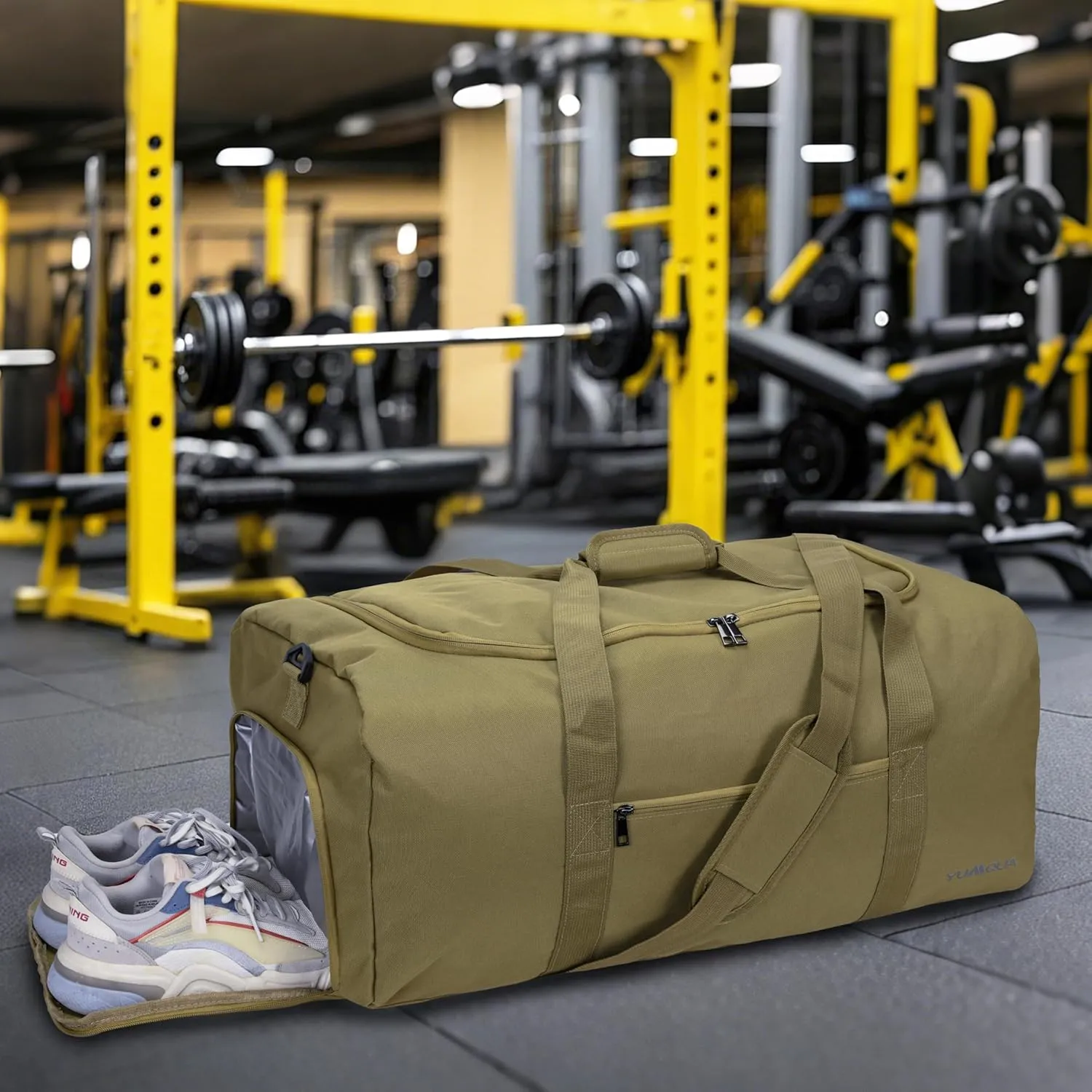 Duffle Bag for Men 65L, Travel Bag with Shoes Compartment, Large Capacity Duffel Bag, Water Resistant & Tear Resistant Women Weekender Bag with Shoulder Strap for Sports Gym Travel Camping (Khaki)