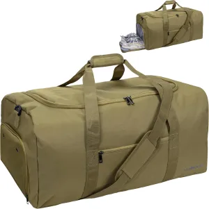 Duffle Bag for Men 65L, Travel Bag with Shoes Compartment, Large Capacity Duffel Bag, Water Resistant & Tear Resistant Women Weekender Bag with Shoulder Strap for Sports Gym Travel Camping (Khaki)