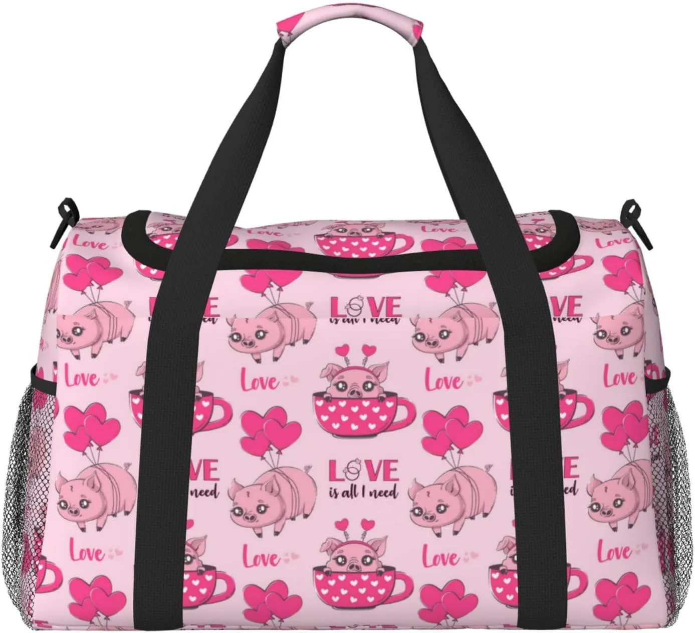 Duffle Bag for Travel, Cute Pig With Tea Cup Balloon Weekender Overnight Duffel Bag, Carry On Bag Gym Bag for Women Men, Personal Item Travel Bag