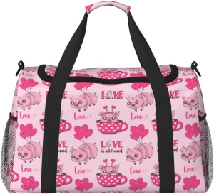 Duffle Bag for Travel, Cute Pig With Tea Cup Balloon Weekender Overnight Duffel Bag, Carry On Bag Gym Bag for Women Men, Personal Item Travel Bag
