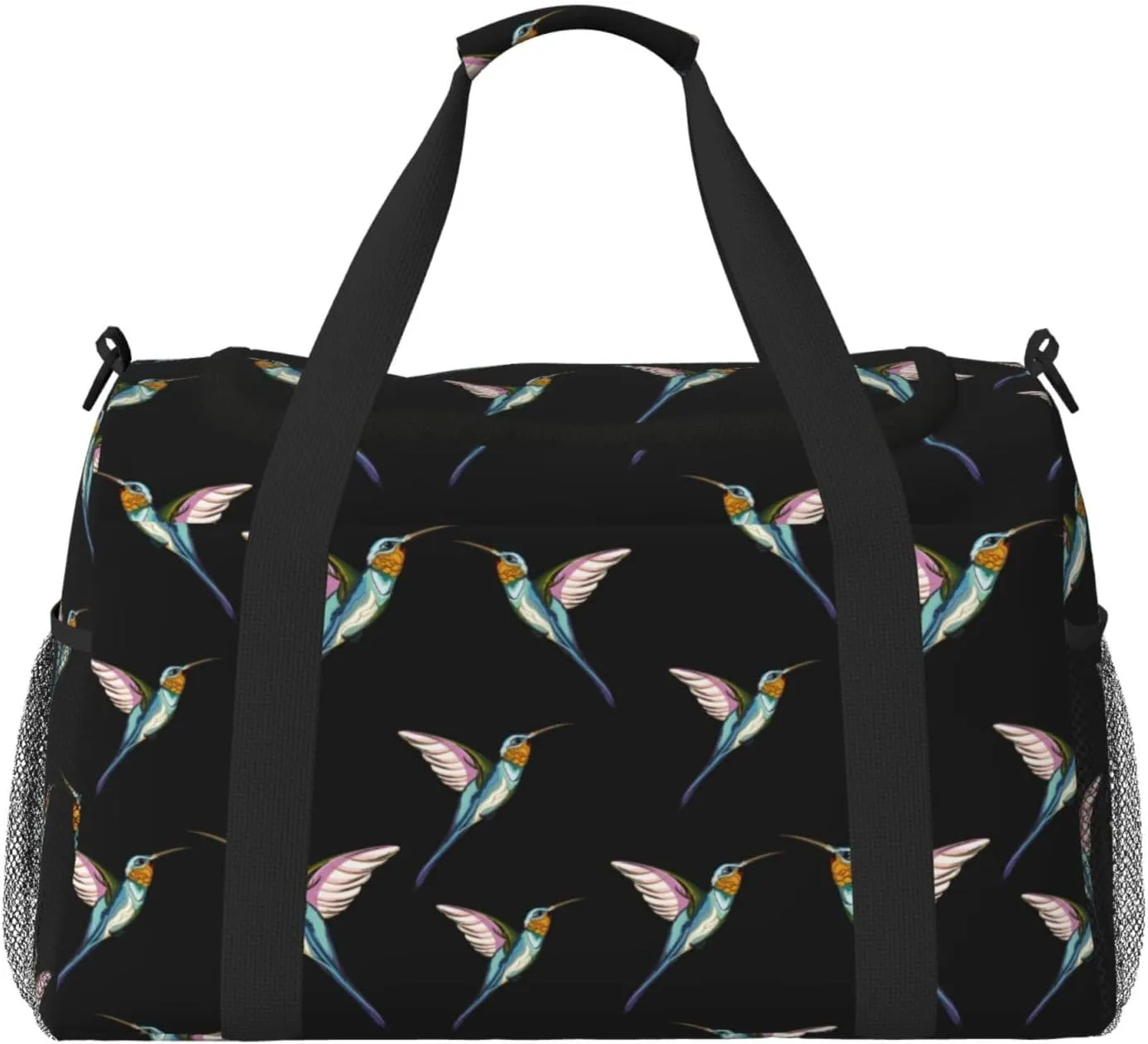 Duffle Bag for Travel, Hummingbird Print Black Weekender Overnight Duffel Bag, Carry On Bag Gym Bag for Women Men, Personal Item Travel Bag
