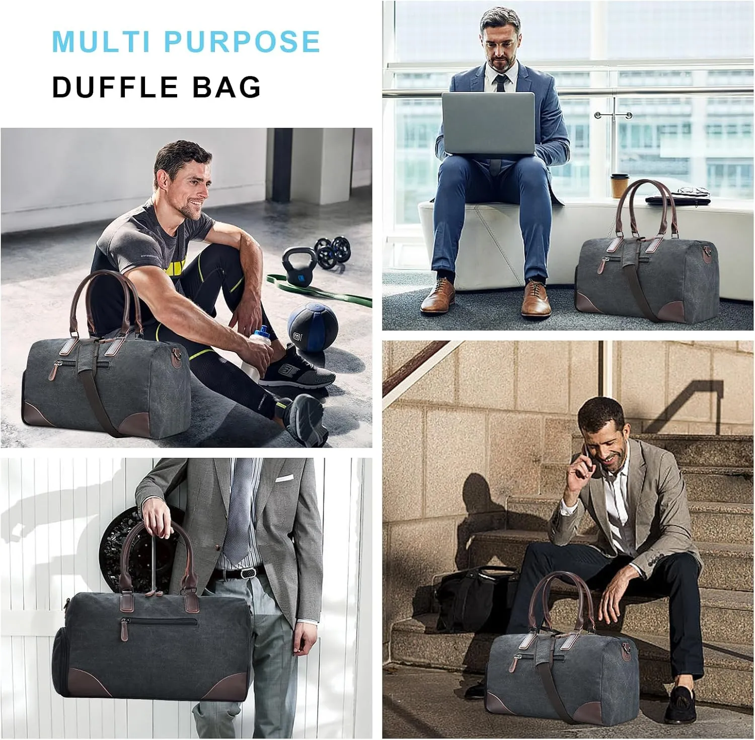 Duffle Bag for Travel, Small Canvas Travel Duffel Bags with Shoe Compartment, Weekend Carry on Luggage Overnight Sports Gym Bag Men, Black