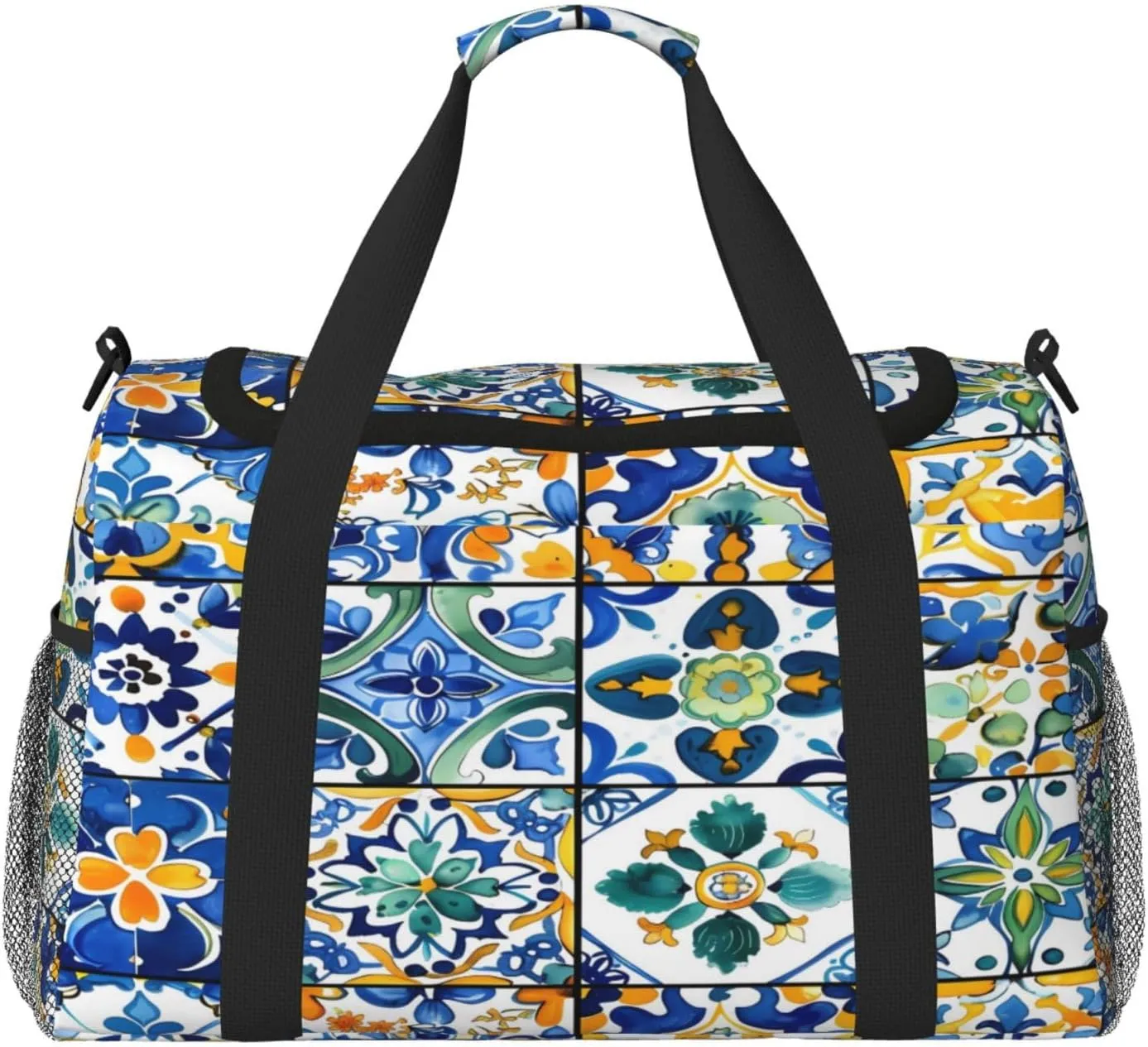 Duffle Bag Troditional Spanish Tile Pattern Travel Duffel Bags for Men Women with Adjustable Strap Carry on Gym Bag Overnight Weekender Bag