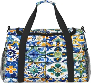 Duffle Bag Troditional Spanish Tile Pattern Travel Duffel Bags for Men Women with Adjustable Strap Carry on Gym Bag Overnight Weekender Bag