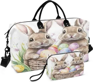 Easter Cute Rabbit and Egg Travel Duffel Bags 2PCS,Sports Duffel Bags for Men Women,Weekender Overnight Bag Gym Tote Bag with Toiletry Bag