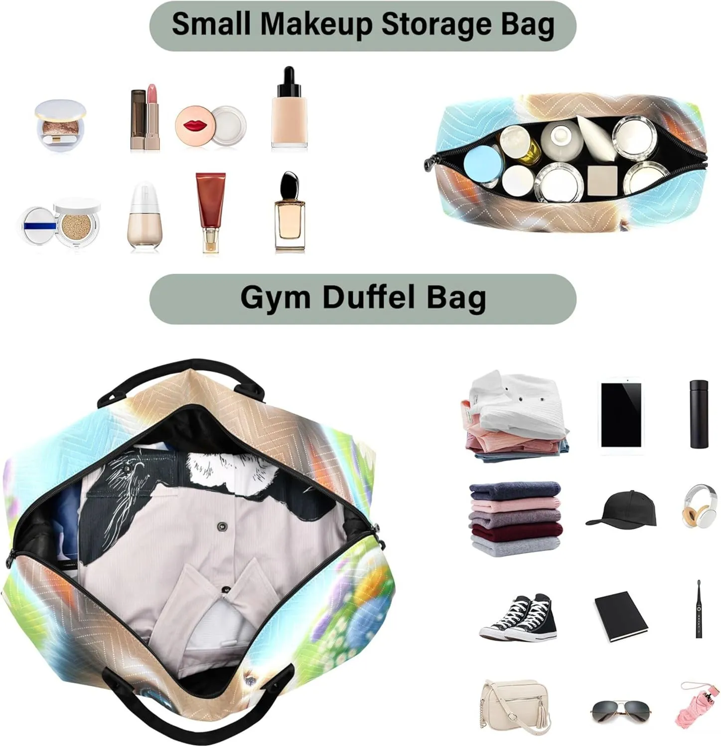 Easter Rabbit Egg Duffel Bag Womens Makeup Bag Set of 2, Animal Floral Women Small Gym Bag Duffle Carry on Bag