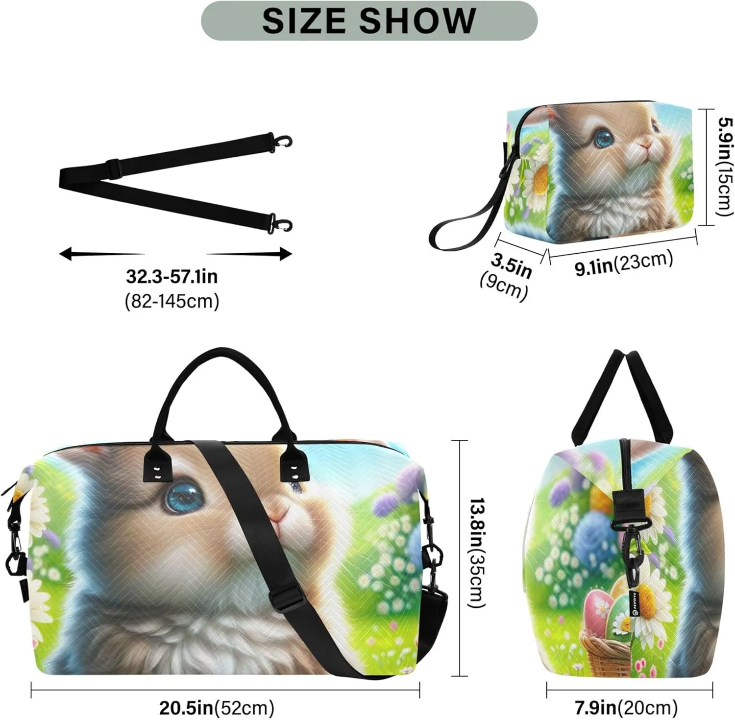 Easter Rabbit Egg Duffel Bag Womens Makeup Bag Set of 2, Animal Floral Women Small Gym Bag Duffle Carry on Bag