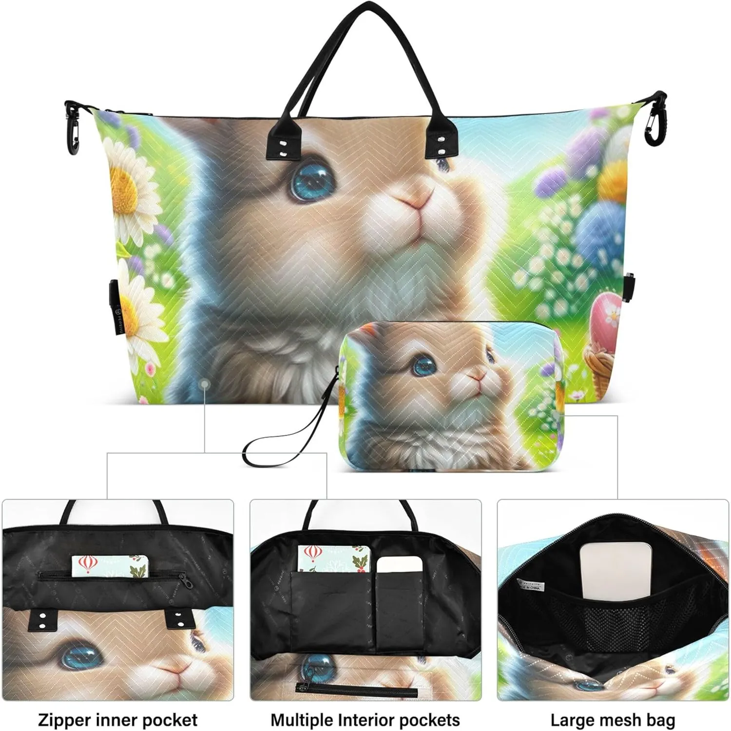 Easter Rabbit Egg Duffel Bag Womens Makeup Bag Set of 2, Animal Floral Women Small Gym Bag Duffle Carry on Bag