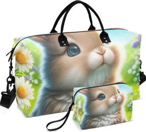 Easter Rabbit Egg Duffel Bag Womens Makeup Bag Set of 2, Animal Floral Women Small Gym Bag Duffle Carry on Bag