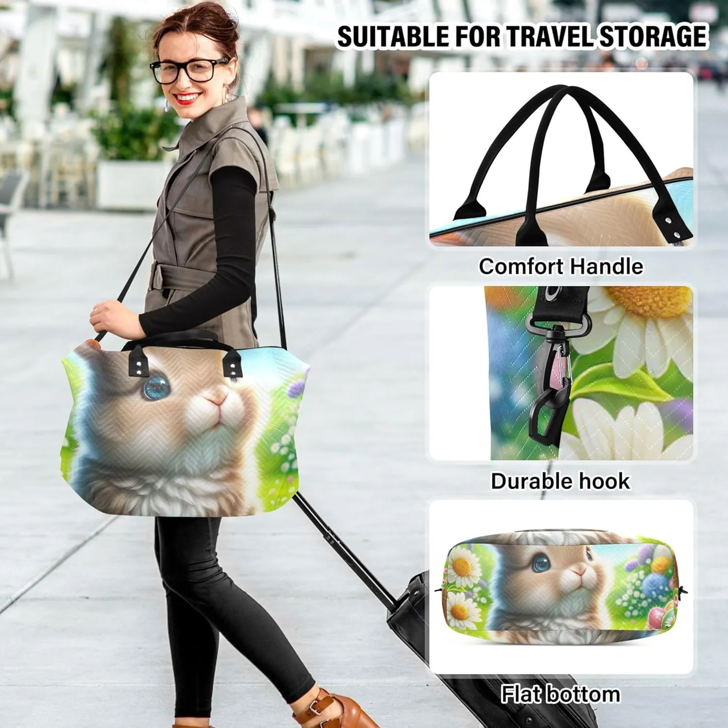 Easter Rabbit Egg Duffel Bag Womens Makeup Bag Set of 2, Animal Floral Women Small Gym Bag Duffle Carry on Bag