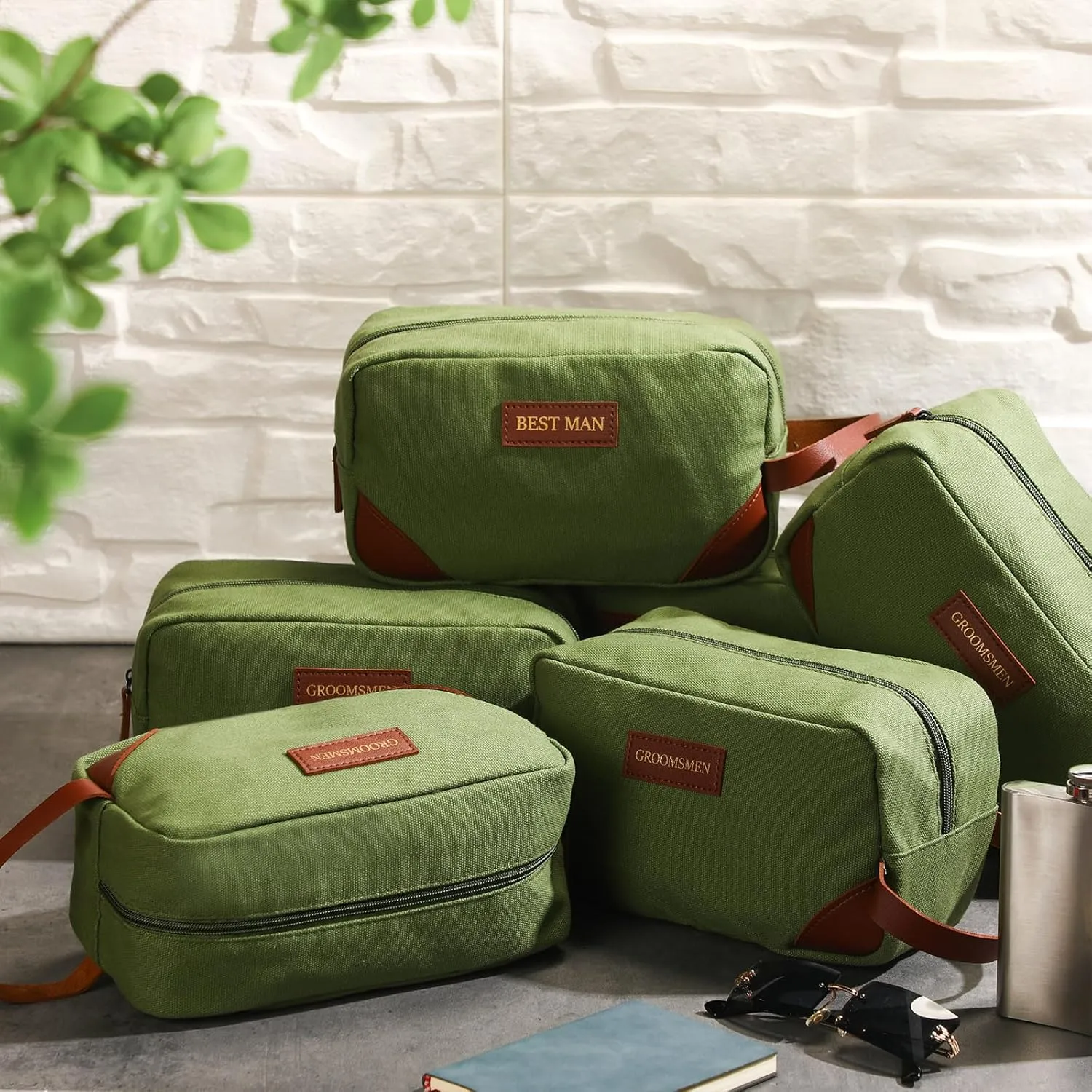 Eccliy 6 Set Groomsmen Gifts Men Toiletry Bags Men's Travel Shaving Kit Bathroom Bags Water Resistant Toiletry Case for Wedding Groomsman Proposal Gift Travel Accessories(Army Green)