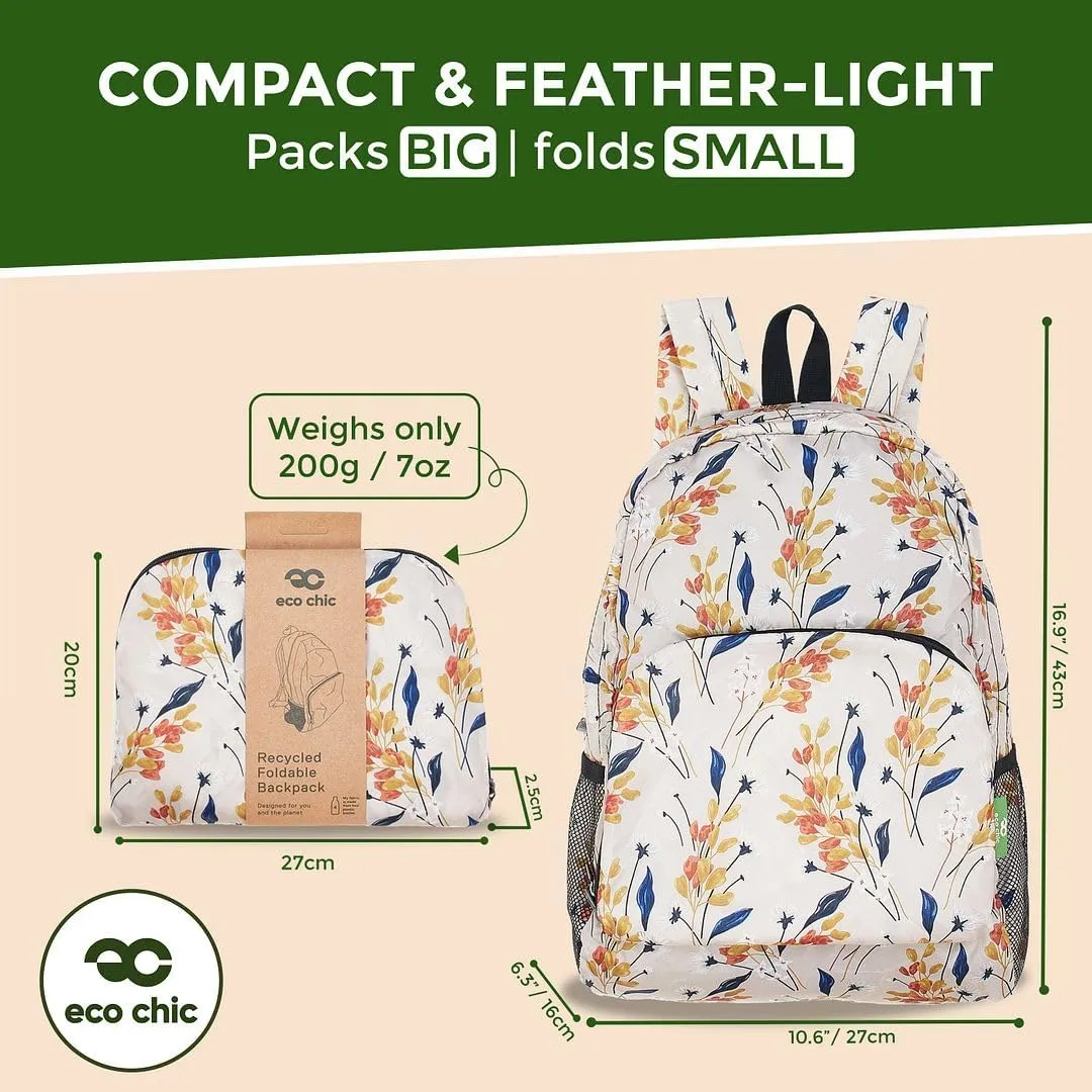 ECO CHIC Hiking Lightweight Packable Backpack - Foldable Daypack for Travel & Hiking & Outdoor Adventures - Waterproof Backpack from Recycled Materials (Flowers Beige)