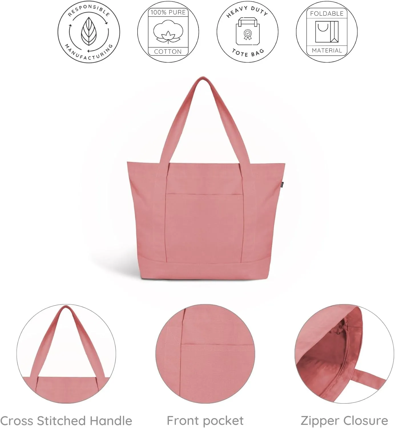 Ecoright Canvas Tote Bag for Women with Zip & Inner Pocket, 100% Organic Cotton Tote Bags for Men, Shopping, Beach