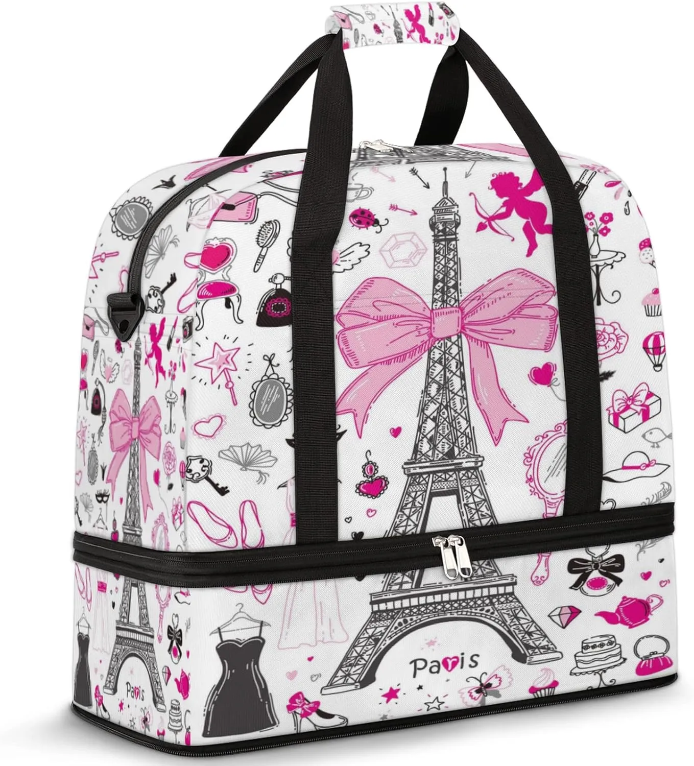 Eiffel Paris Collection Pattern Foldable Travel Duffel Bag Tote Carry on Luggage Sport Duffle for Women Men Gym Bag Overnight Weekender Bags with Shoe Compartments and Shoulder Strap