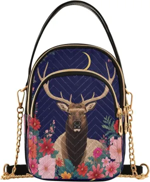 Elk Floral Night Scene Small Handbag Crossbody Bag for Women Quilted Bags Shoulder Purse Phone Wallet Chain Bag