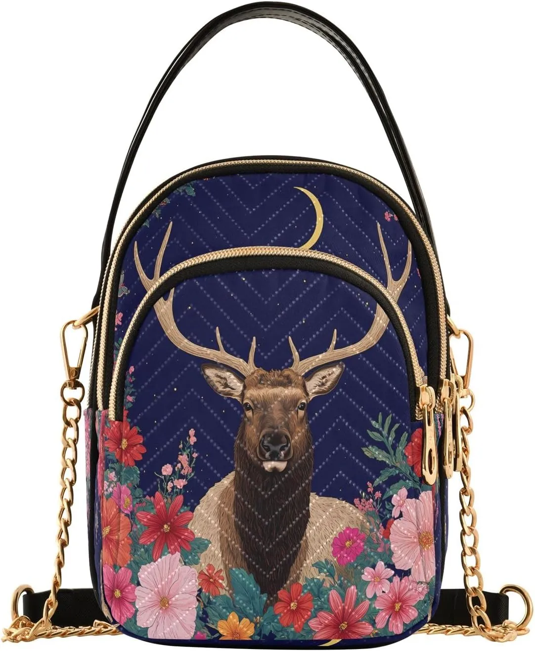 Elk Floral Night Scene Small Handbag Crossbody Bag for Women Quilted Bags Shoulder Purse Phone Wallet Chain Bag
