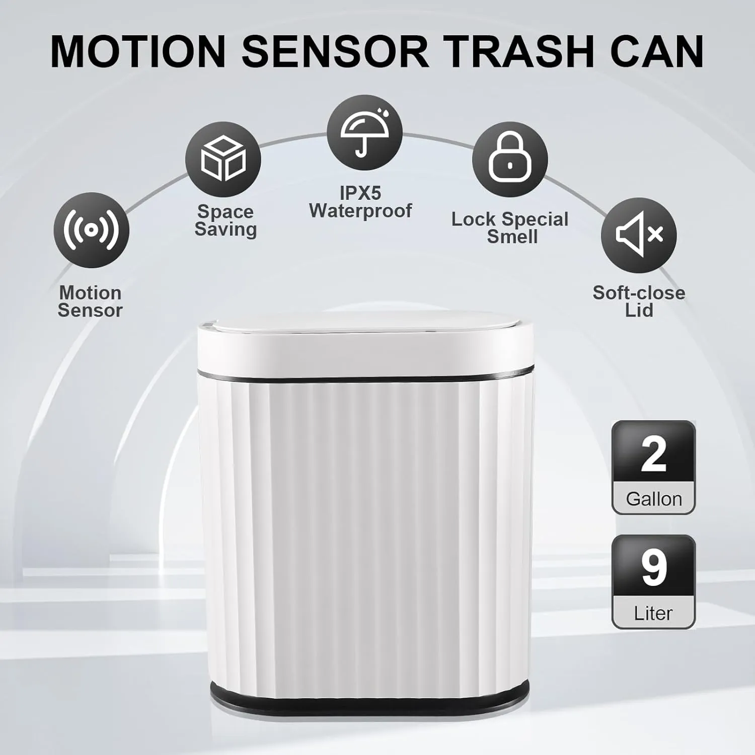 ELPHECO Bathroom Trash Can with Lid 2 Gallon Small Sensor Garbage Can, 9 Liter Slim Smart Trash Bin, Waterproof Automatic Wastebasket, Narrow Plastic Garbage Bin for Bathroom, Black and White