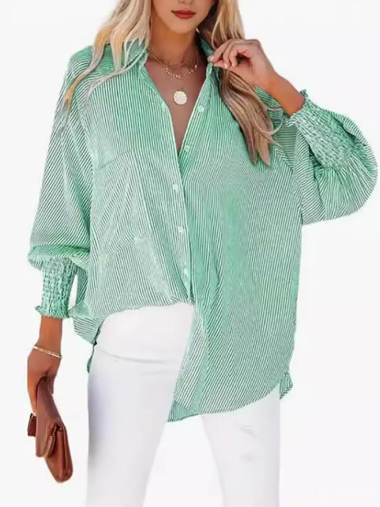 Elvessa ETH-Ereal Stripe Blouse with Pockets,Smocked Cuffed Striped Boyfriend Shirt,Button Down Shirts Casual