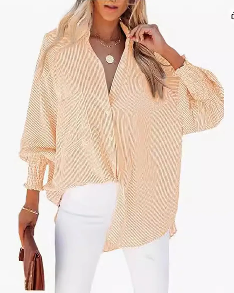 Elvessa ETH-Ereal Stripe Blouse with Pockets,Smocked Cuffed Striped Boyfriend Shirt,Button Down Shirts Casual