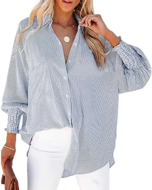Elvessa ETH-Ereal Stripe Blouse with Pockets,Smocked Cuffed Striped Boyfriend Shirt,Button Down Shirts Casual