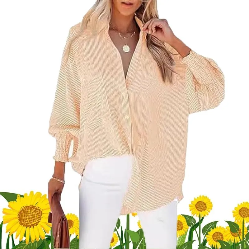 Elvessa Ethereal Stripe Blouse, Mid-Length Shirt with Striped Lapel and Oversized Drawdown Sleeves, Button Down Shirts