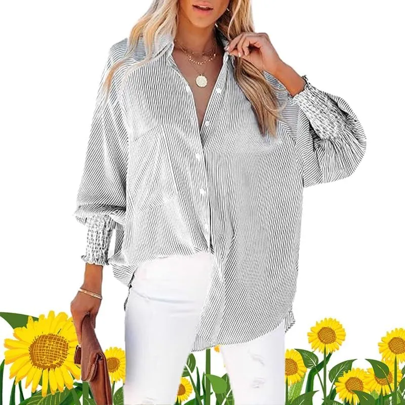 Elvessa Ethereal Stripe Blouse, Mid-Length Shirt with Striped Lapel and Oversized Drawdown Sleeves, Button Down Shirts