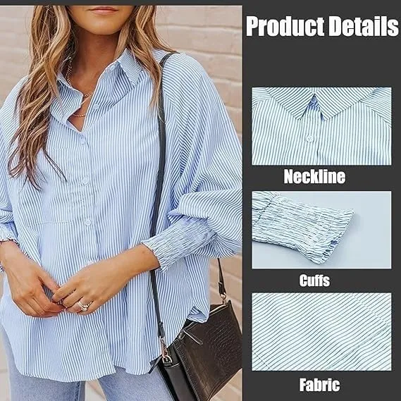 Elvessa Ethereal Stripe Blouse, Mid-Length Shirt with Striped Lapel and Oversized Drawdown Sleeves, Button Down Shirts