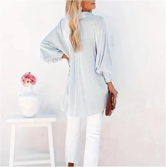 Elvessa Ethereal Stripe Blouse, Mid-Length Shirt with Striped Lapel and Oversized Drawdown Sleeves, Button Down Shirts