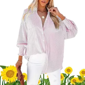Elvessa Ethereal Stripe Blouse, Mid-Length Shirt with Striped Lapel and Oversized Drawdown Sleeves, Button Down Shirts
