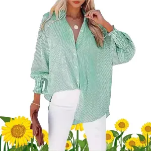 Elvessa Ethereal Stripe Blouse, Mid-Length Shirt with Striped Lapel and Oversized Drawdown Sleeves, Button Down Shirts