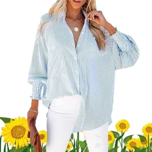 Elvessa Ethereal Stripe Blouse, Mid-Length Shirt with Striped Lapel and Oversized Drawdown Sleeves, Button Down Shirts