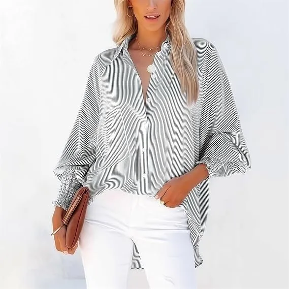 Elvessa Ethereal Stripe Blouse, Mid-Length Shirt with Striped Lapel and Oversized Drawdown Sleeves, Button Down Shirts