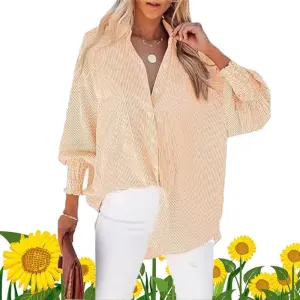 Elvessa Ethereal Stripe Blouse, Mid-Length Shirt with Striped Lapel and Oversized Drawdown Sleeves, Button Down Shirts