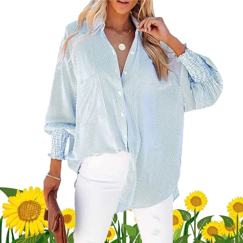 Elvessa Ethereal Stripe Blouse, Mid-Length Shirt with Striped Lapel and Oversized Drawdown Sleeves, Button Down Shirts