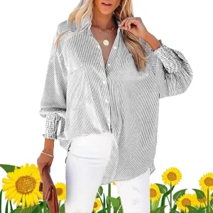Elvessa Ethereal Stripe Blouse, Mid-Length Shirt with Striped Lapel and Oversized Drawdown Sleeves, Button Down Shirts