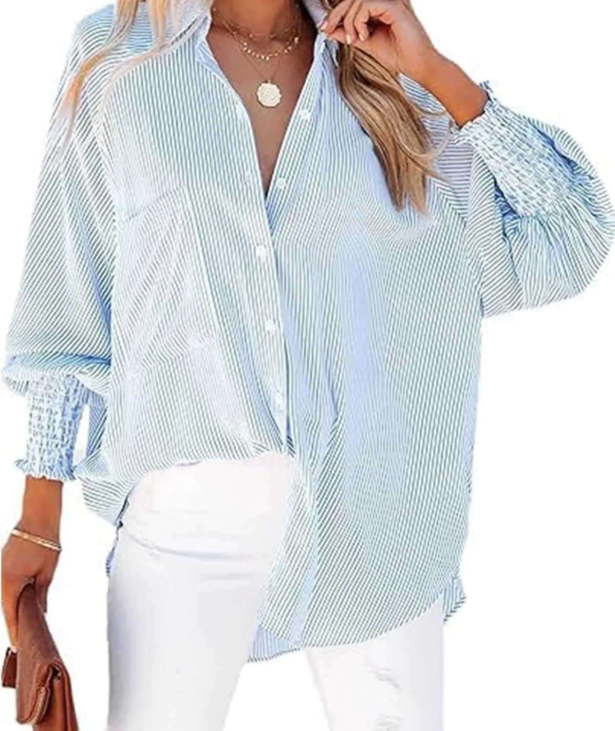 Elvessa Ethereal Stripe Blouse with Pockets, Mid-Length Shirt with Lapel, Button Puff Sleeve Tops