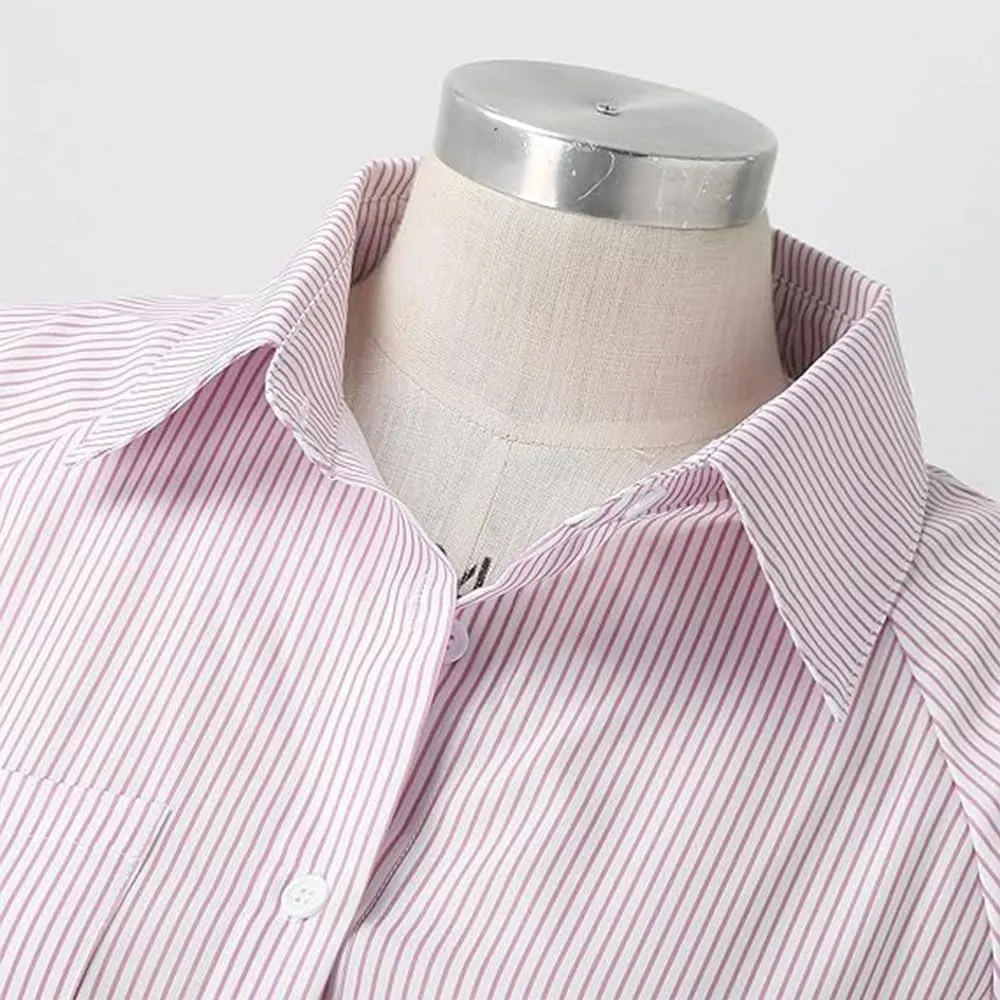 Elvessa Ethereal Stripe Blouse with Pockets, Mid-Length Shirt with Lapel, Button Puff Sleeve Tops