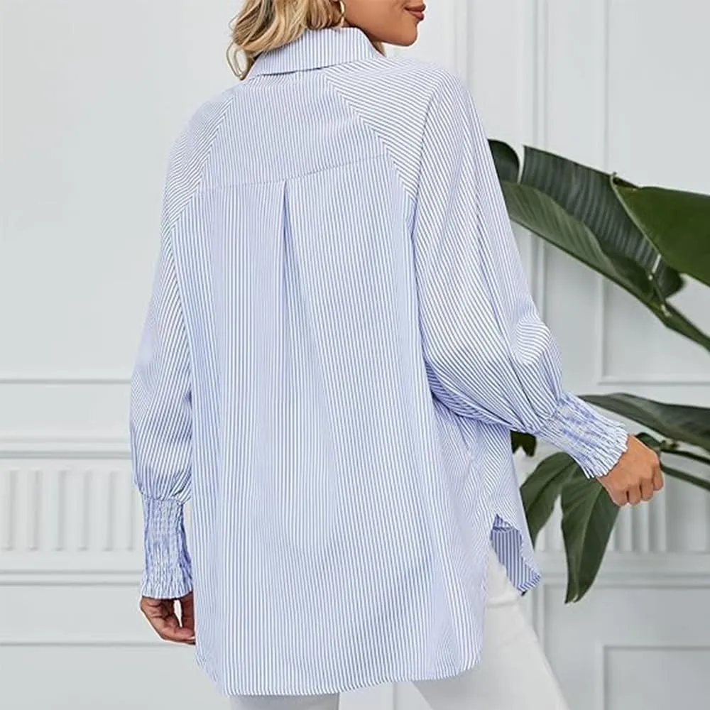 Elvessa Ethereal Stripe Blouse with Pockets, Mid-Length Shirt with Lapel, Button Puff Sleeve Tops