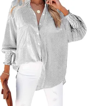 Elvessa Ethereal Stripe Blouse with Pockets, Mid-Length Shirt with Lapel, Button Puff Sleeve Tops