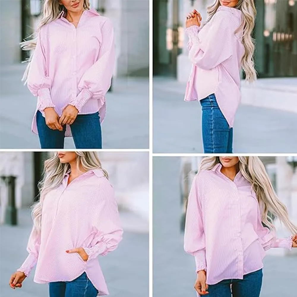 Elvessa Ethereal Stripe Blouse with Pockets, Mid-Length Shirt with Lapel, Button Puff Sleeve Tops