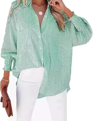 Elvessa Ethereal Stripe Blouse with Pockets, Mid-Length Shirt with Lapel, Button Puff Sleeve Tops