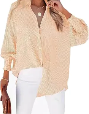 Elvessa Ethereal Stripe Blouse with Pockets, Mid-Length Shirt with Lapel, Button Puff Sleeve Tops