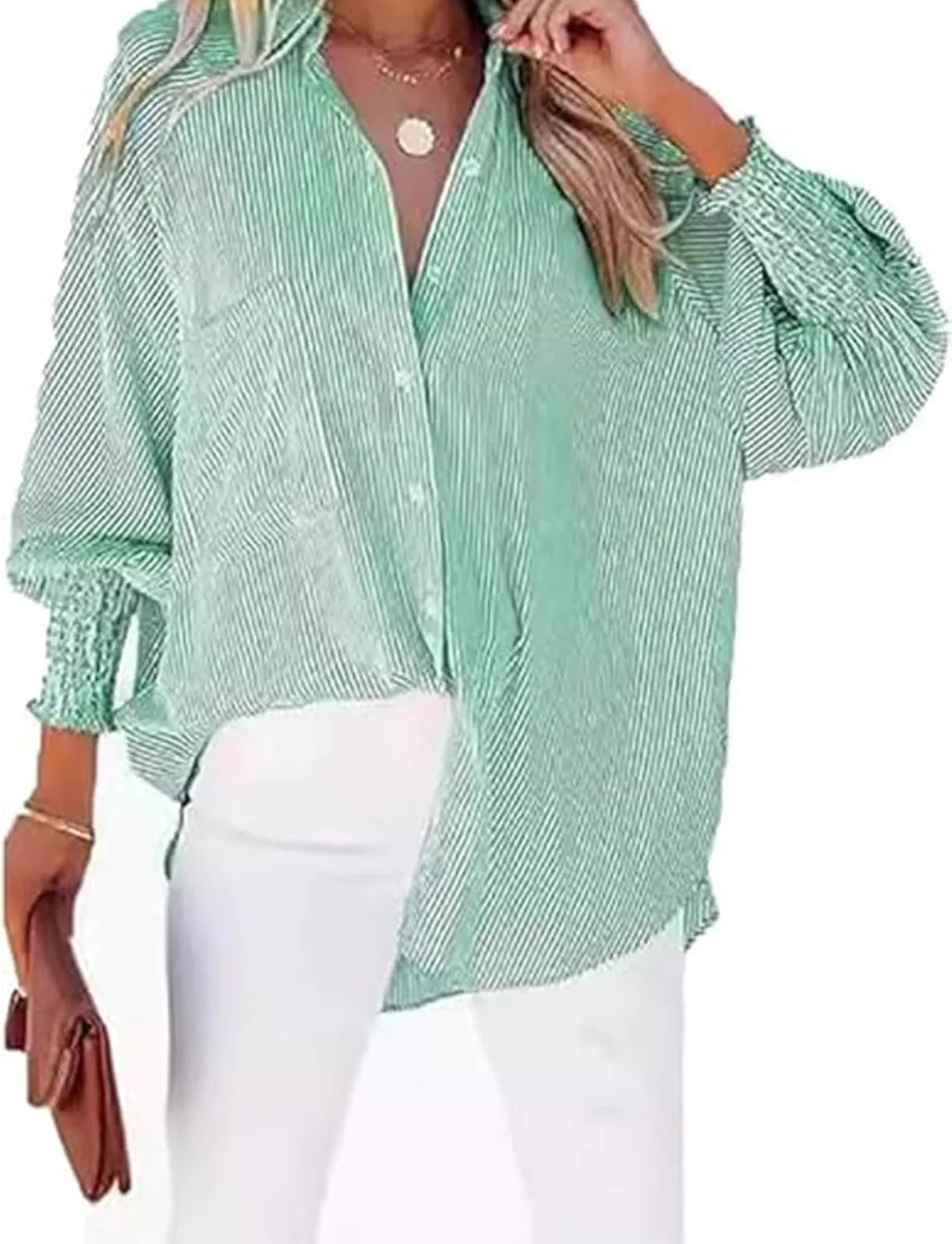 Elvessa Ethereal Stripe Blouse with Pockets, Mid-Length Shirt with Lapel, Button Puff Sleeve Tops