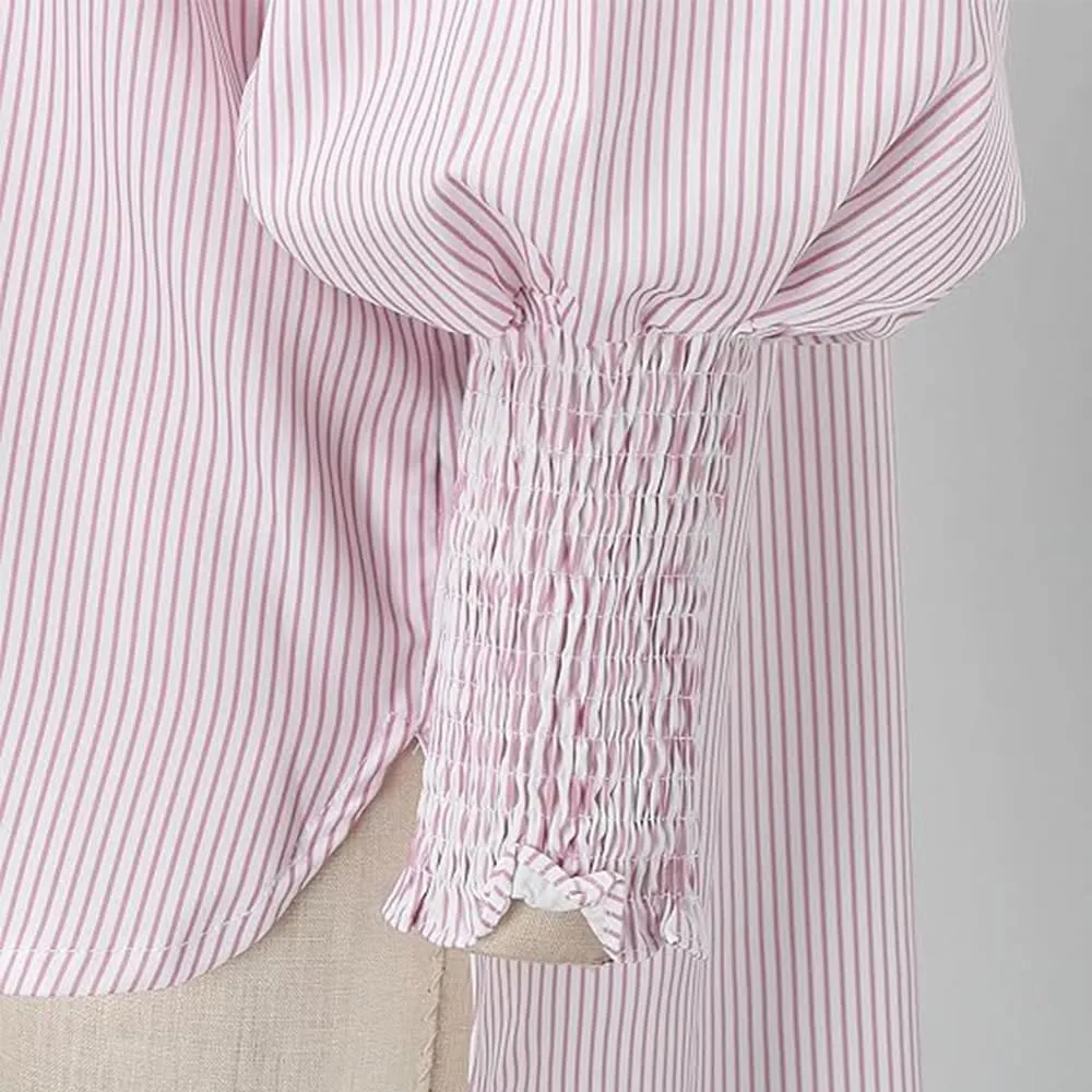 Elvessa Ethereal Stripe Blouse with Pockets, Mid-Length Shirt with Lapel, Button Puff Sleeve Tops