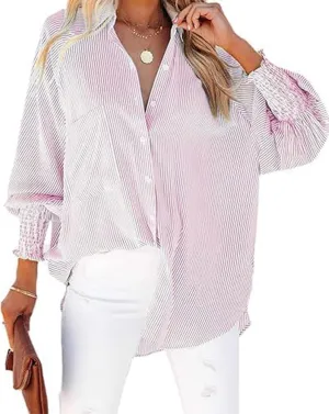 Elvessa Ethereal Stripe Blouse with Pockets, Mid-Length Shirt with Lapel, Button Puff Sleeve Tops