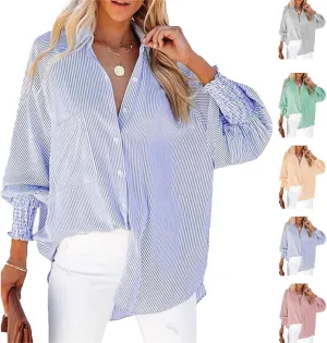 Elvessa Ethereal Stripe Blouse with Pockets, Mid-Length Shirt with Striped Lapel, Button Down Blouse Tops with Pocket