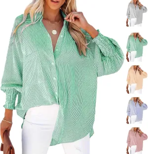Elvessa Ethereal Stripe Blouse with Pockets, Mid-Length Shirt with Striped Lapel, Button Down Blouse Tops with Pocket